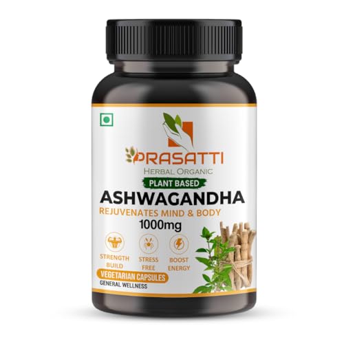 Prasatti Herbal Organic Plant Based Ashwagandha Supplements 1000mg With Ashwagandha Roots Extract - 60 Veg Capsules