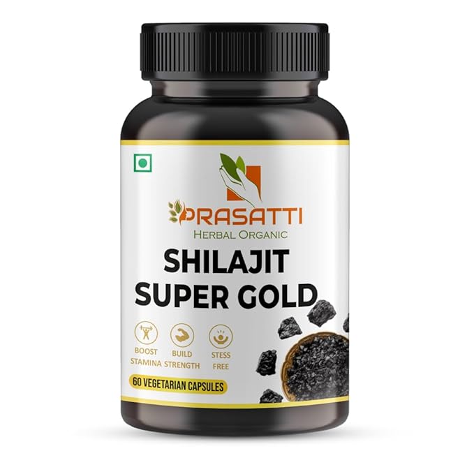 Prasatti Herbal Organic Ayurvedic Himalayan Shilajit Original 24 Carat Gold Capsules for Men | 60 Veg Caps