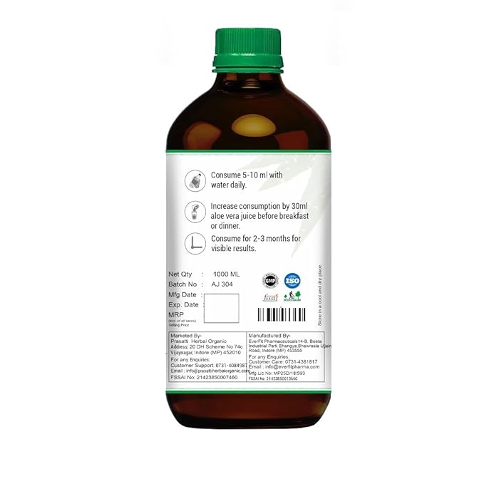 Prasatti Herbal Organic Aloe Vera Juice With Pulp Rejuvenates Skin and Hair - 1000 Ml