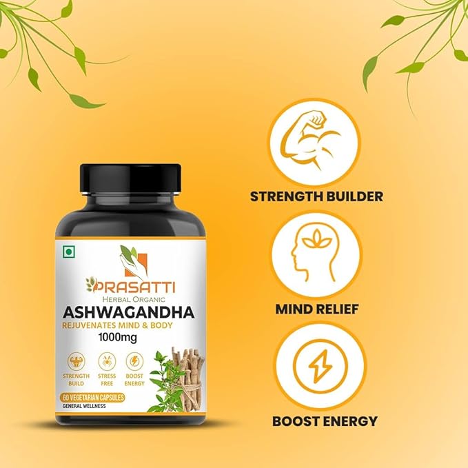 Prasatti Herbal Organic Plant Based Ashwagandha Supplements 1000 Mg Contains Ashwagandha Roots Extract - 120 Veg Caps