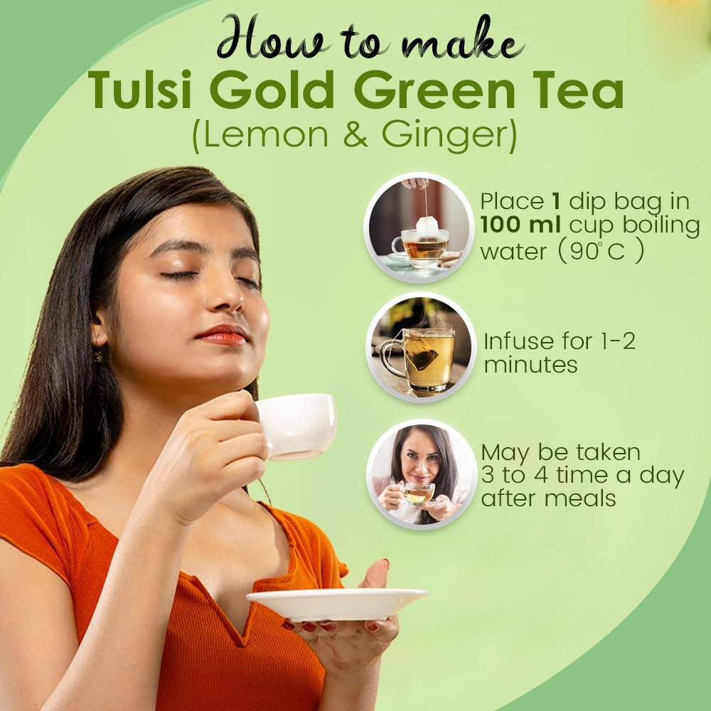 Kudos Ayurveda Tulsi Gold Green Tea Lemon & Ginger (25 Bags) - Pack of 2