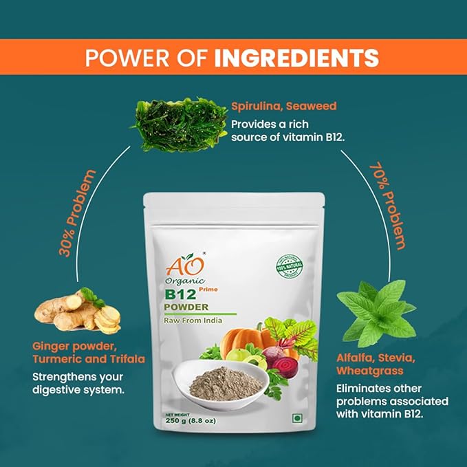 Ao Organic Plant Based Vitamin B12 Powder Natural Wheat Grass, Moringa, Alfalfa - 250 Gms