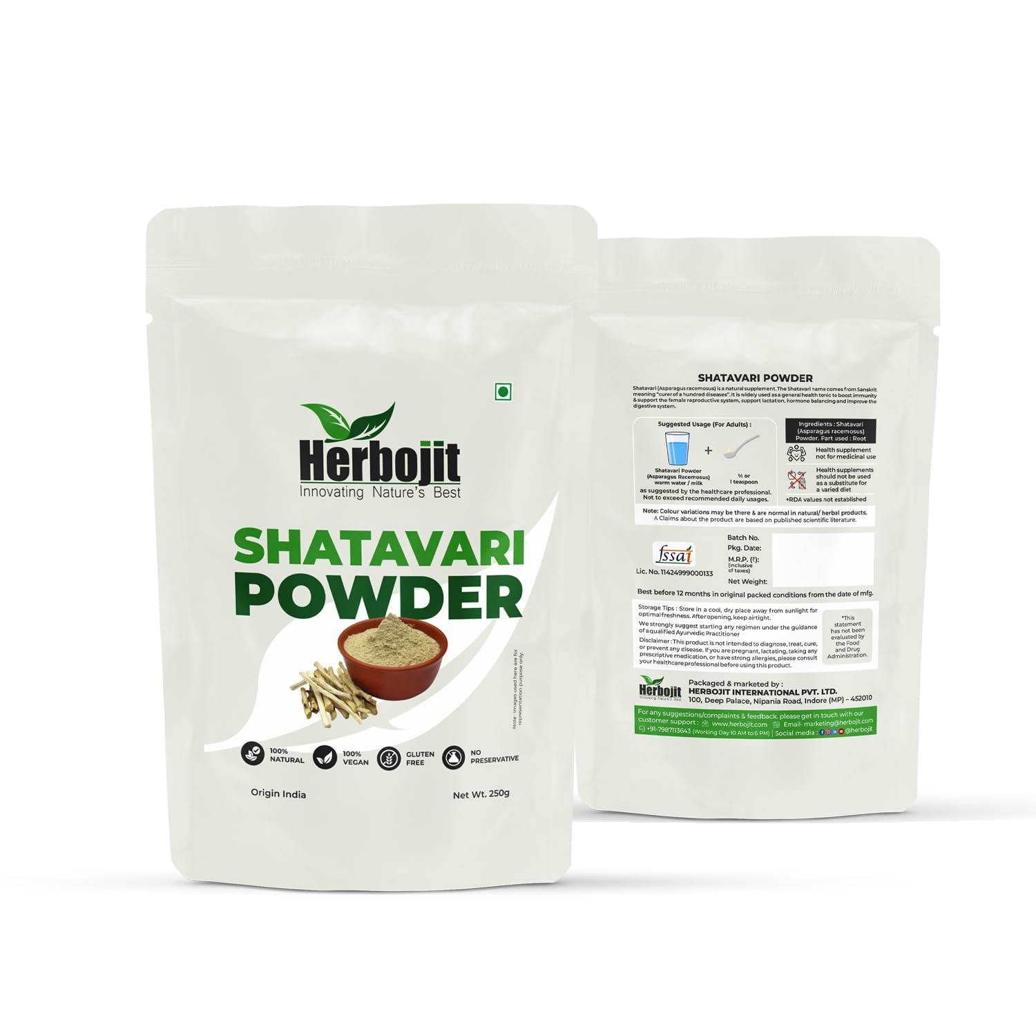Herbojit Shatavari Powder 250 Gms | 100% Natural | Vegan & Gluten-free | No Preservatives | Premium Ayurvedic Herb