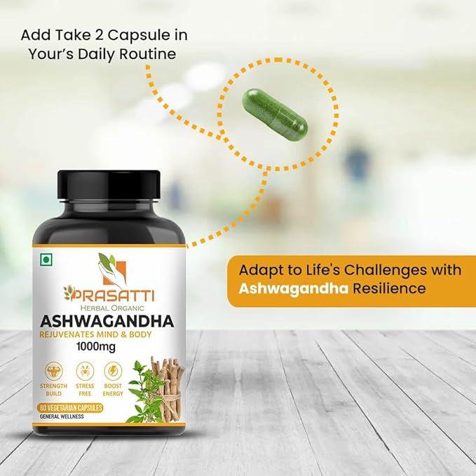 Prasatti Herbal Organic Plant Based Ashwagandha Supplements 1000 Mg Contains Ashwagandha Roots Extract - 120 Veg Caps