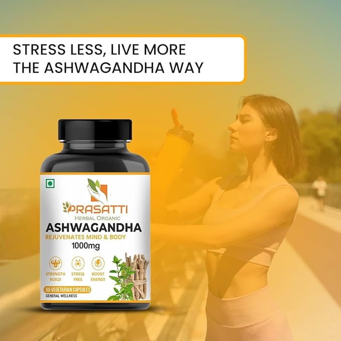 Prasatti Herbal Organic Plant Based Ashwagandha Supplements 1000 Mg Contains Ashwagandha Roots Extract - 120 Veg Caps