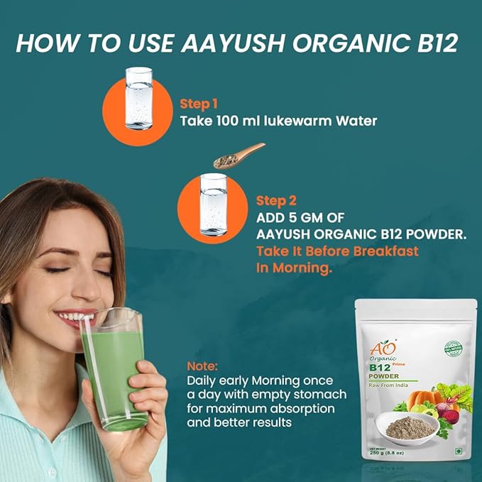 Ao Organic Plant Based Vitamin B12 Powder Natural Wheat Grass, Moringa, Alfalfa - 250 Gms