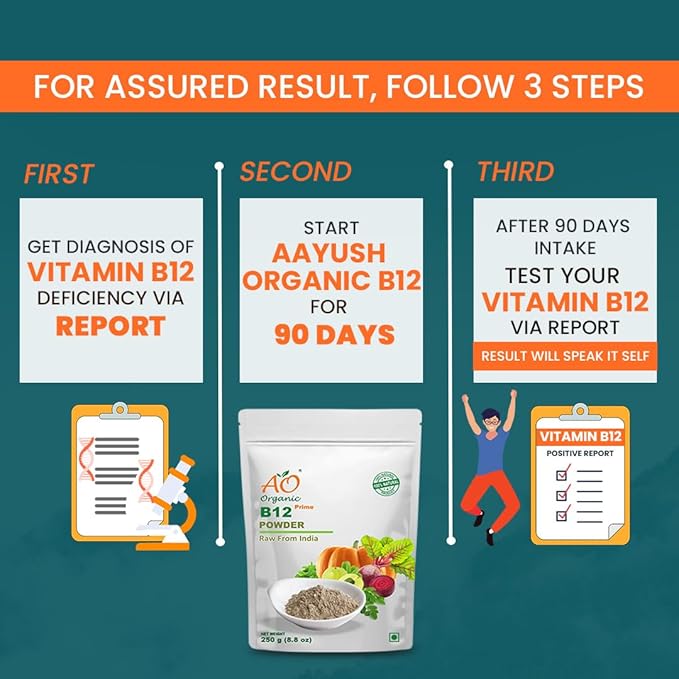 Ao Organic Plant Based Vitamin B12 Powder Natural Wheat Grass, Moringa, Alfalfa - 250 Gms