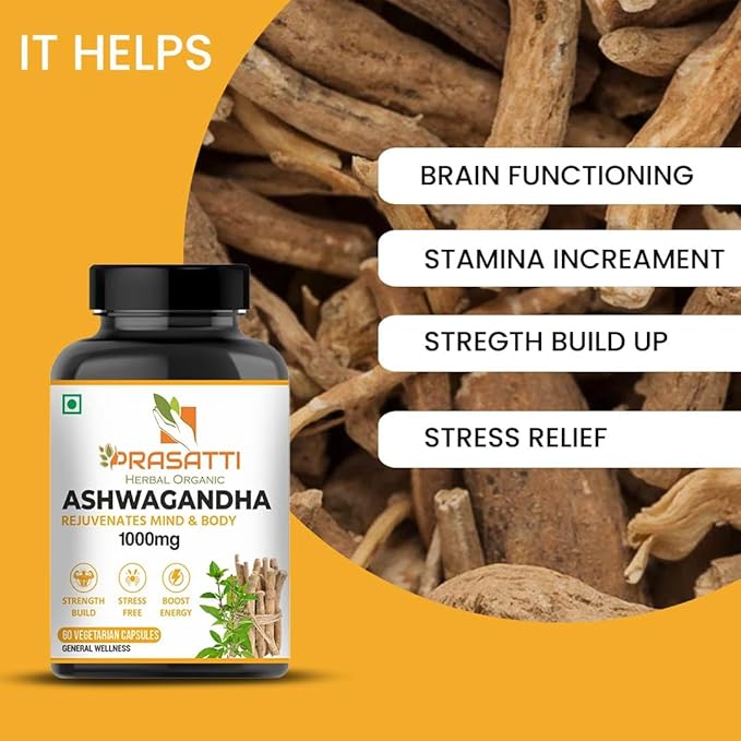 Prasatti Herbal Organic Plant Based Ashwagandha Supplements 1000 Mg Contains Ashwagandha Roots Extract - 120 Veg Caps