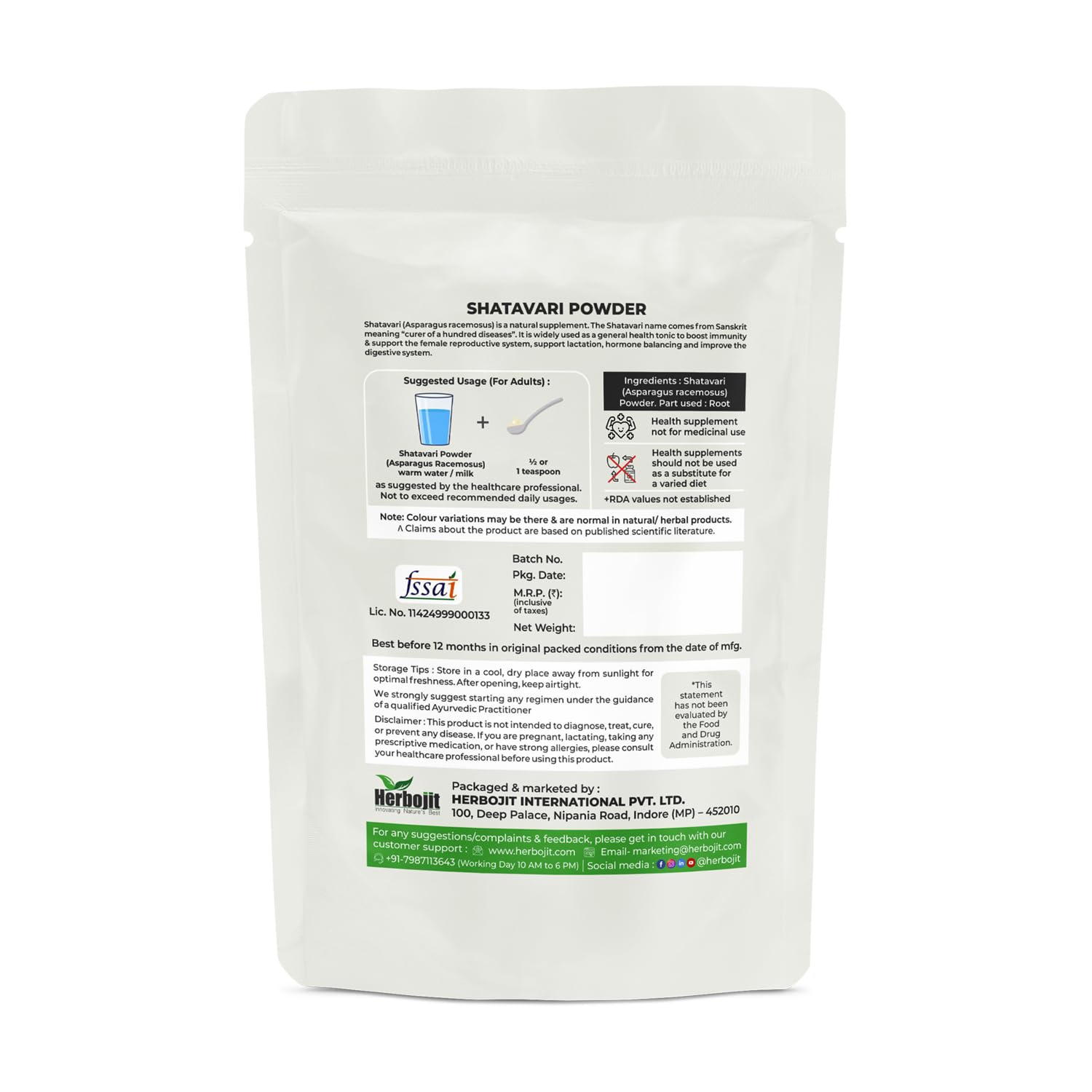 Herbojit Shatavari Powder 250 Gms | 100% Natural | Vegan & Gluten-free | No Preservatives | Premium Ayurvedic Herb