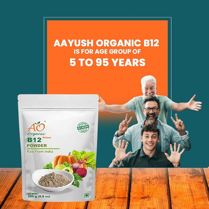 Ao Organic Plant Based Vitamin B12 Powder Natural Wheat Grass, Moringa, Alfalfa - 250 Gms