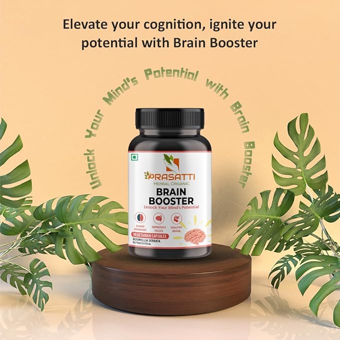 Prasatti Herbal Organic Plant Based Brain Booster Supplement With Ginkgo Biloba & Brahmi Concentration Power - 60 Veg Caps