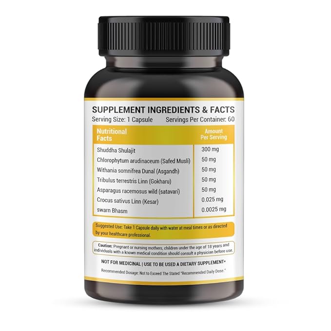 Prasatti Herbal Organic Ayurvedic Himalayan Shilajit Original 24 Carat Gold Capsules for Men | 60 Veg Caps