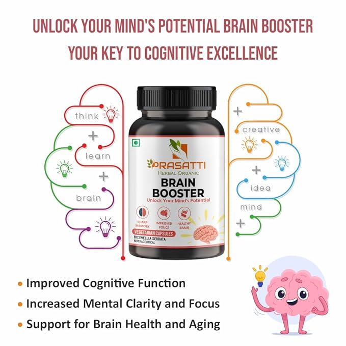 Prasatti Herbal Organic Plant Based Brain Booster Supplement With Ginkgo Biloba & Brahmi Concentration Power - 60 Veg Caps
