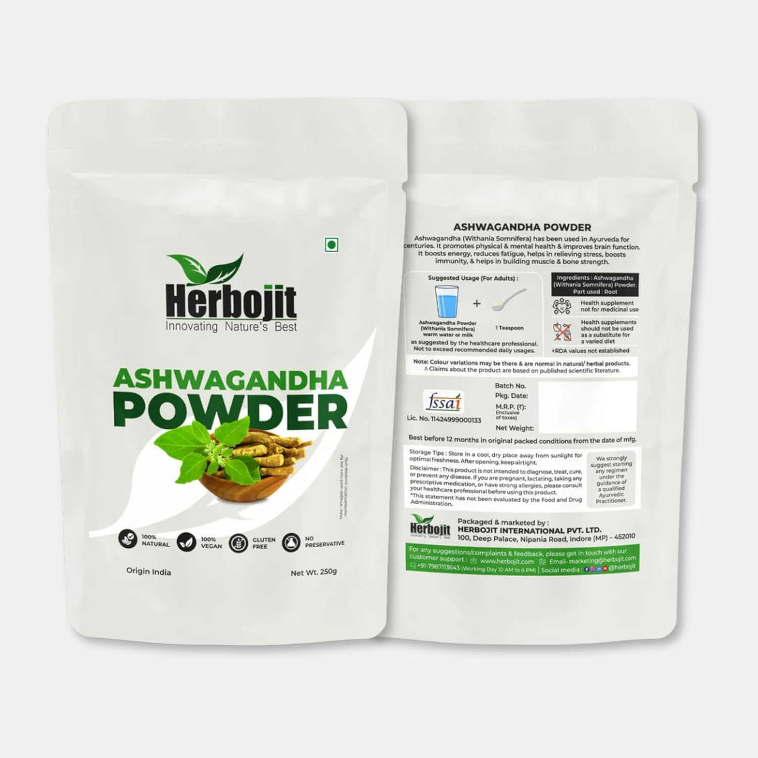 Herbojit Ashwagandha Powder 250 Gms | 100% Natural & Vegan, Gluten-free for Stress Relief | Immunity & Vitality