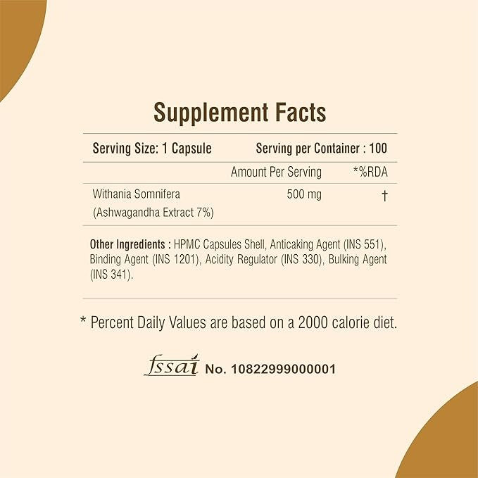 Raskam Ashwagandha 500 mg Capsules - 100 Veg. Capsules