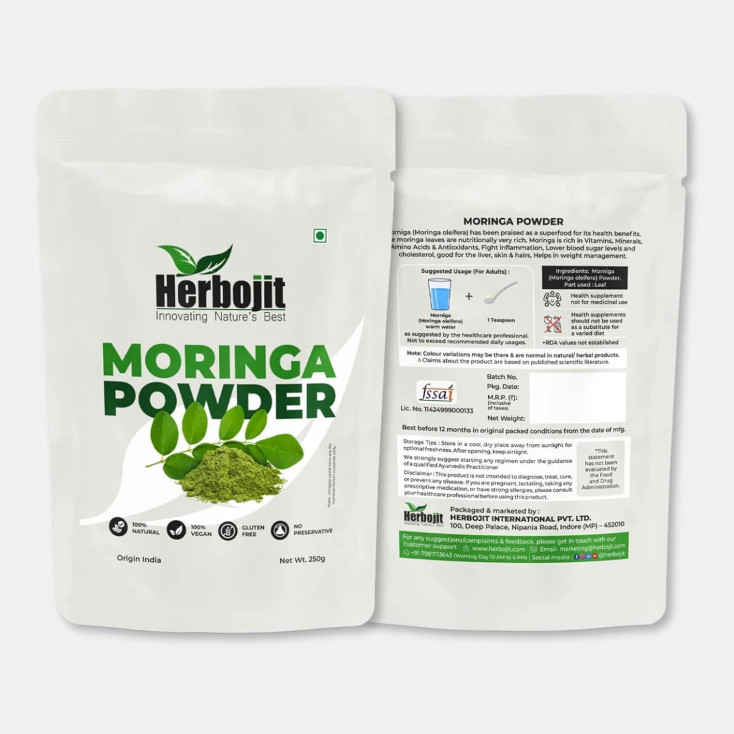 Herbojit Moringa Powder 250 Gms | 100% Natural & Vegan, Gluten-free | Superfood for Energy & Immunity