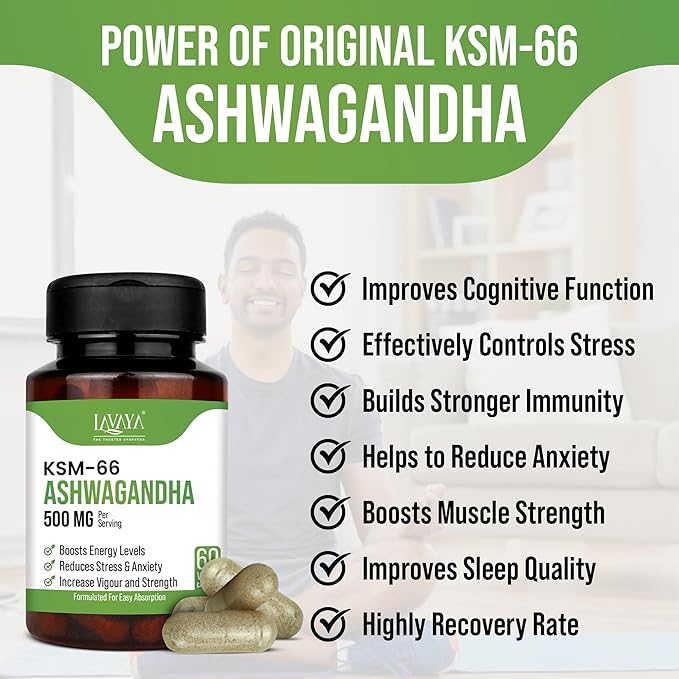 Lavaya Ashwagandha KSM-66 Capsule 500 Mg For Extra Strength Power - 60 caps