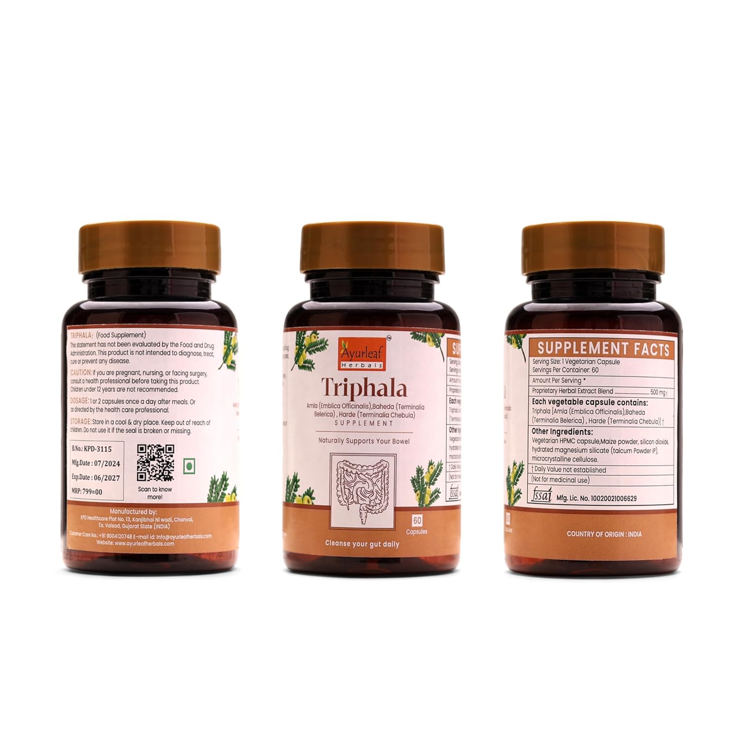 Ayurleaf Herbals Triphala Capsules for Healthy Weight Management - 60 Caps | Pack of 2