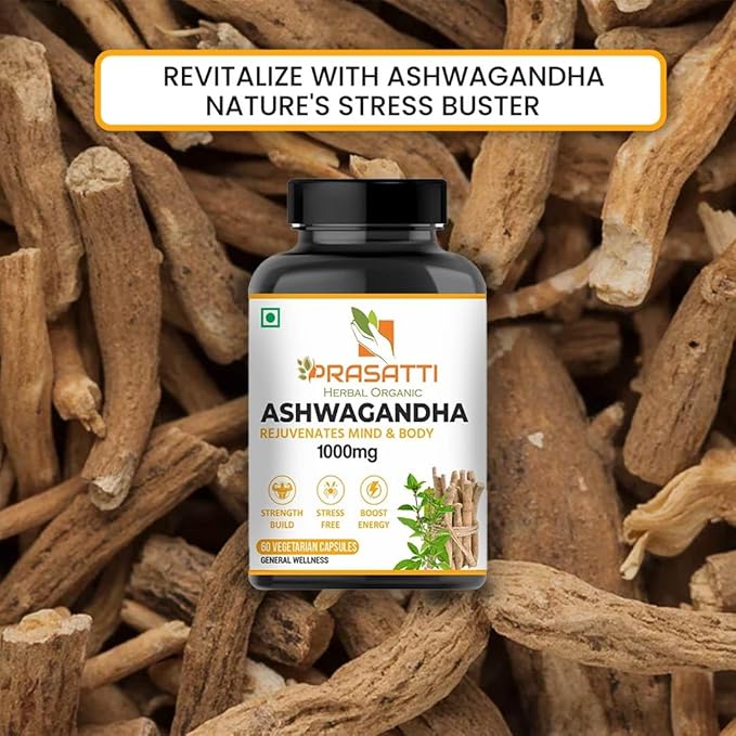 Prasatti Herbal Organic Plant Based Ashwagandha Supplements 1000 Mg Contains Ashwagandha Roots Extract - 120 Veg Caps