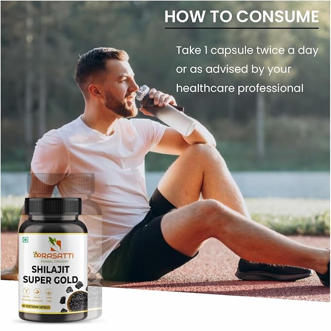 Prasatti Herbal Organic Ayurvedic Himalayan Shilajit Original 24 Carat Gold Capsules for Men | 60 Veg Caps