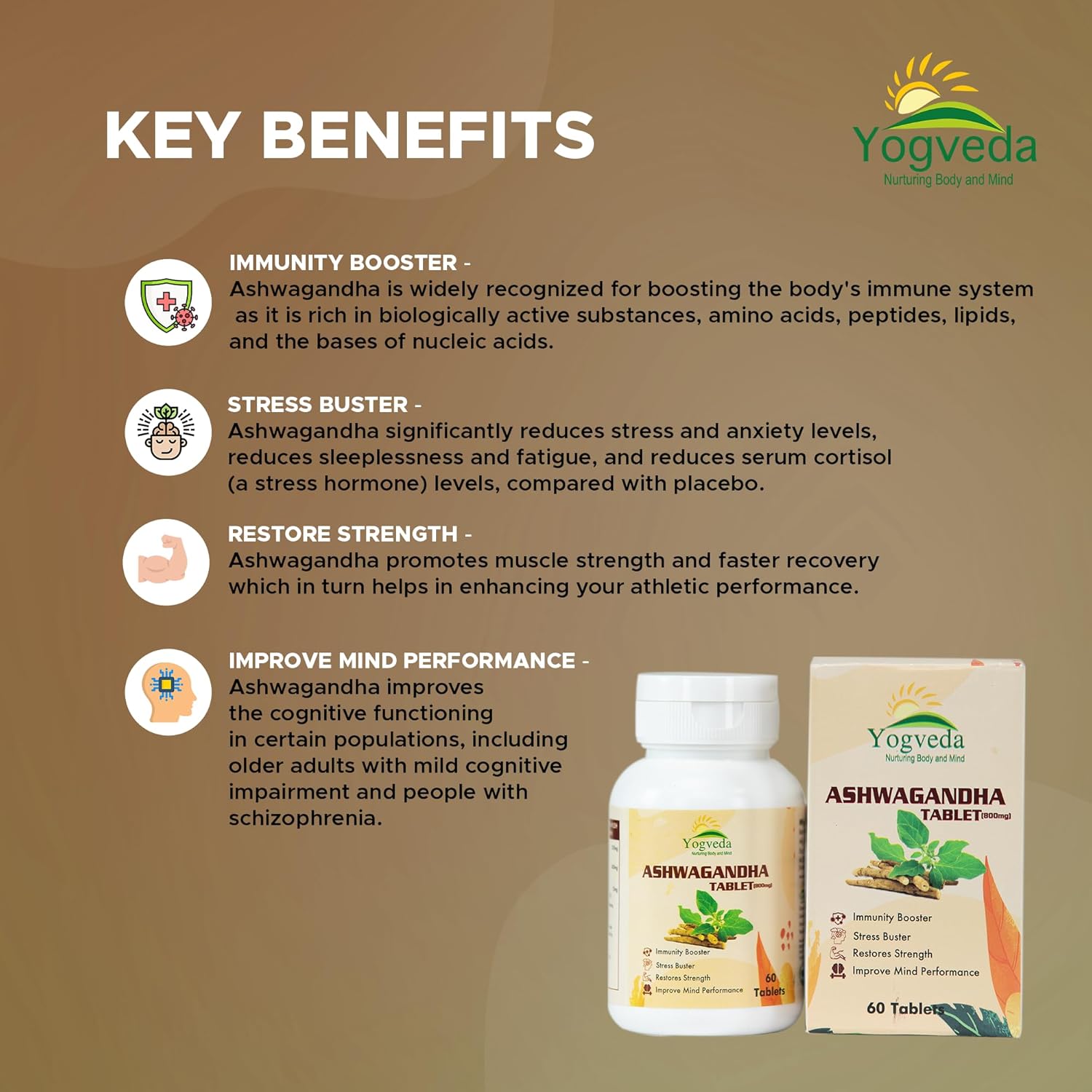Yogveda Ashwagandha General Wellness Tablets | Stress Relief | Rejuvenates Mind & Body 60 Tablet