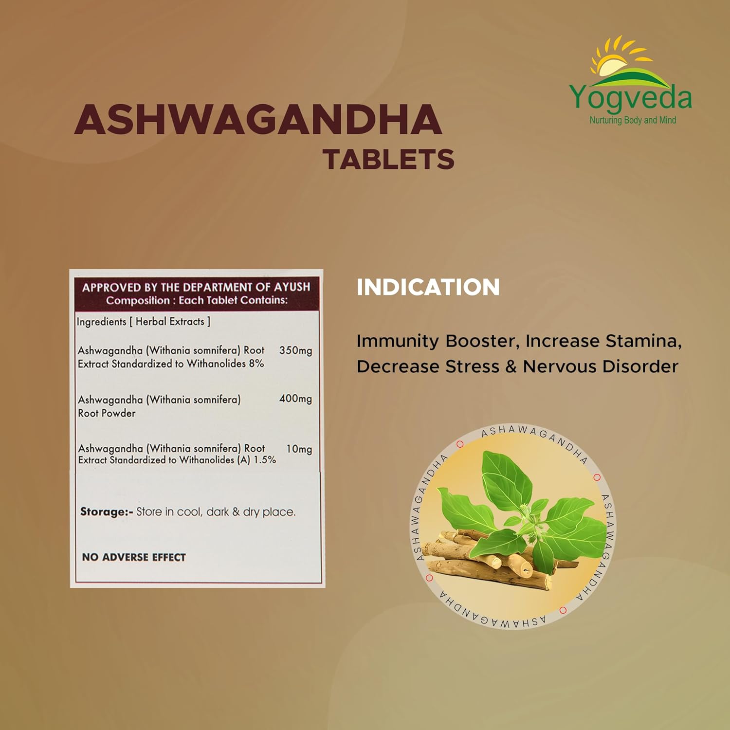 Yogveda Ashwagandha General Wellness Tablets | Stress Relief | Rejuvenates Mind & Body 60 Tablet