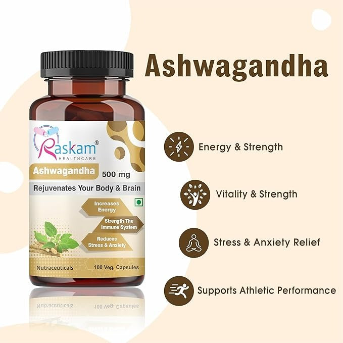 Raskam Ashwagandha 500 mg Capsules - 100 Veg. Capsules