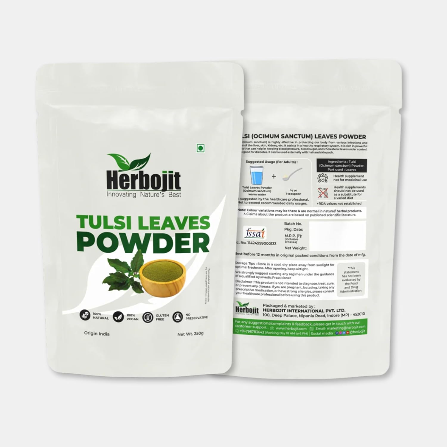 Herbojit Tulsi Leaves Powder 250 Gms | 100% Natural & Vegan | Gluten-free | No Preservatives | Immune Booster