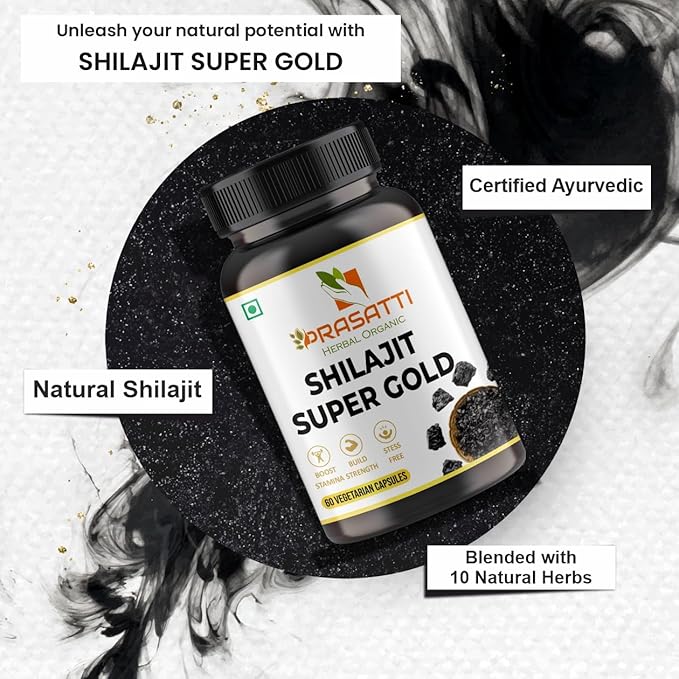 Prasatti Herbal Organic Ayurvedic Himalayan Shilajit Original 24 Carat Gold Capsules for Men | 60 Veg Caps