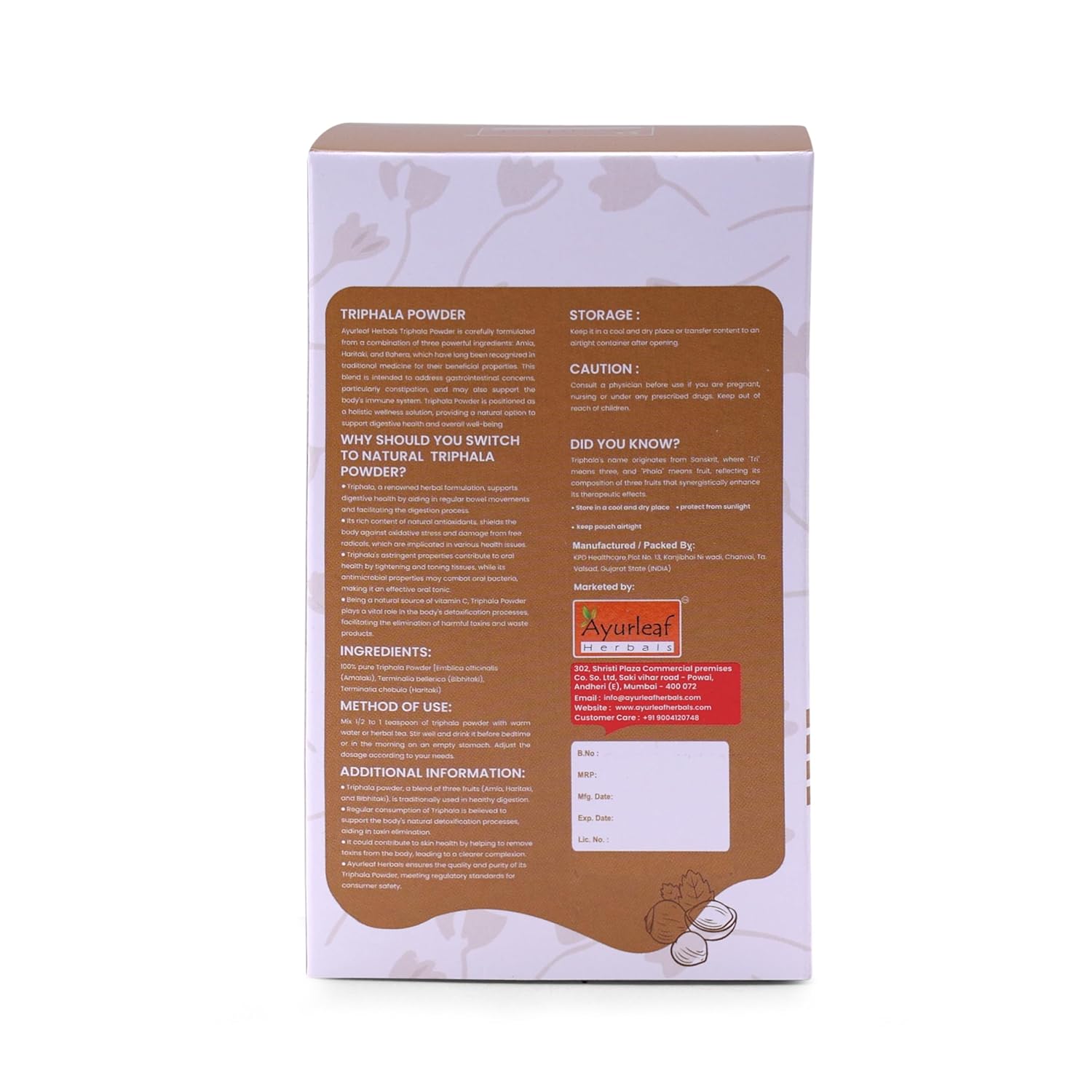 Ayurleaf Herbals Triphala Powder | Supports Healthy Digestion & Improves Bowel Wellness - 200 Gms