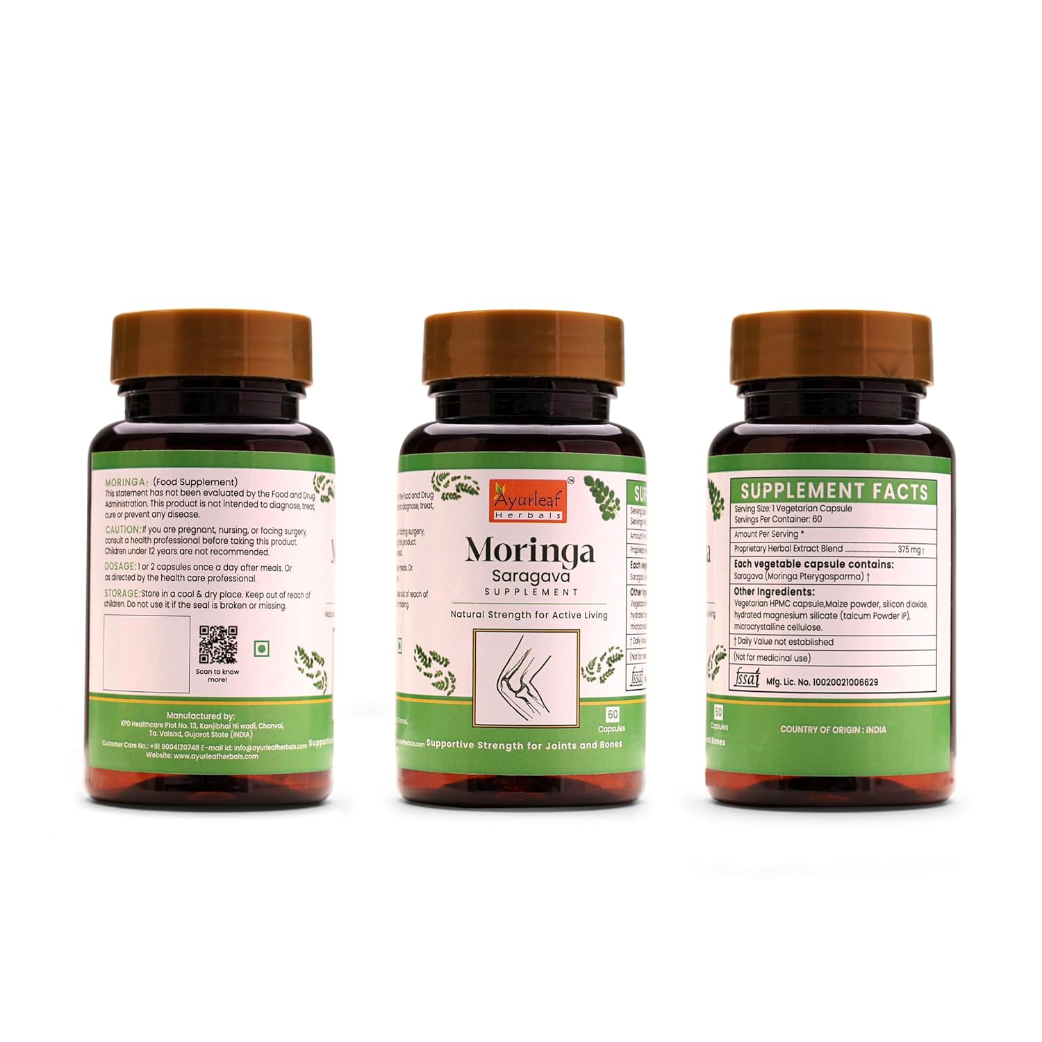Ayurleaf Herbals Moringa Capsules | Nutrient Rich Superfood, Skin and Hair Health Booster | 60 Caps