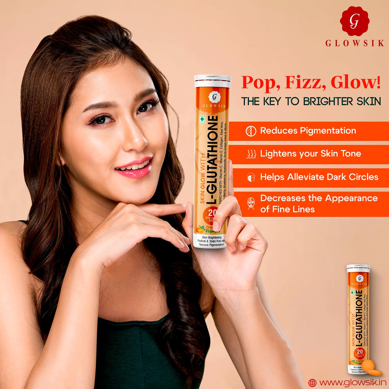 Glowsik Glutathione - 20 Effervescent Tablets for Skin, 600 Mg Glutathione Reduced With Vitamin C | Orange Flavour | Pack of 2