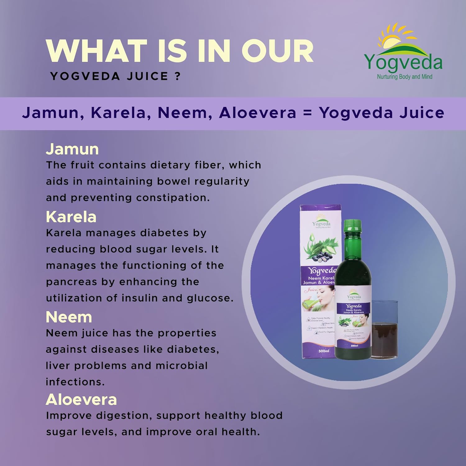 Yogveda Jamun Neem Karela Juice | Promotes Healthy Glucose Levels - 500 Ml
