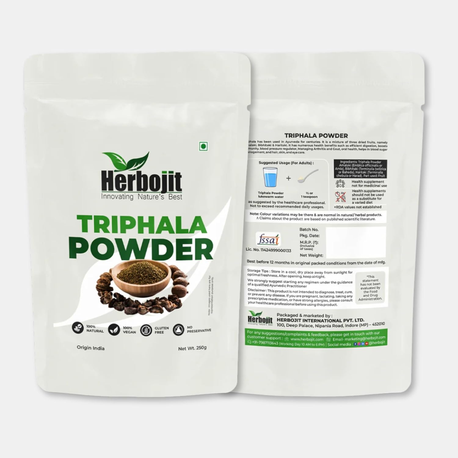 Herbojit Triphala Powder 250 Gms | 100% Natural, Vegan & Gluten - Free | Premium Ayurvedic Digestive Health Supplement