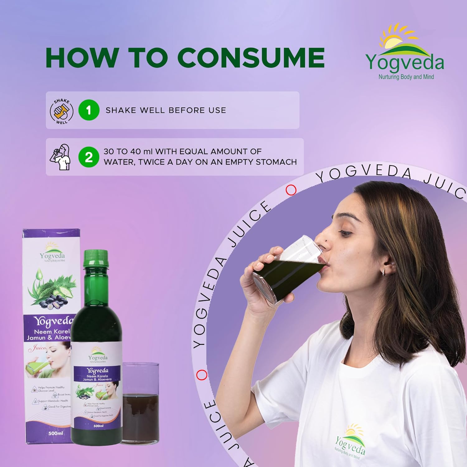 Yogveda Jamun Neem Karela Juice | Promotes Healthy Glucose Levels - 500 Ml