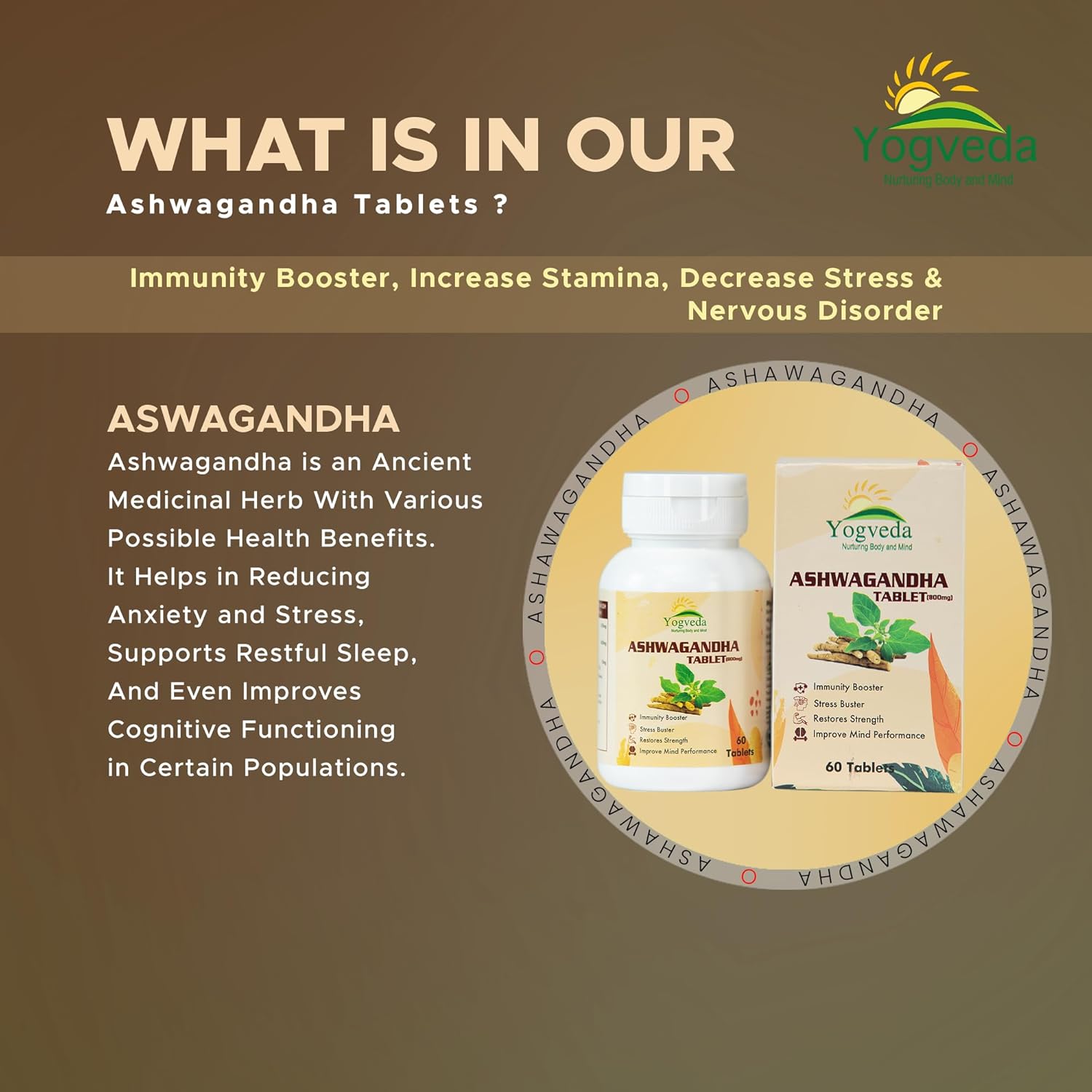 Yogveda Ashwagandha General Wellness Tablets | Stress Relief | Rejuvenates Mind & Body 60 Tablet