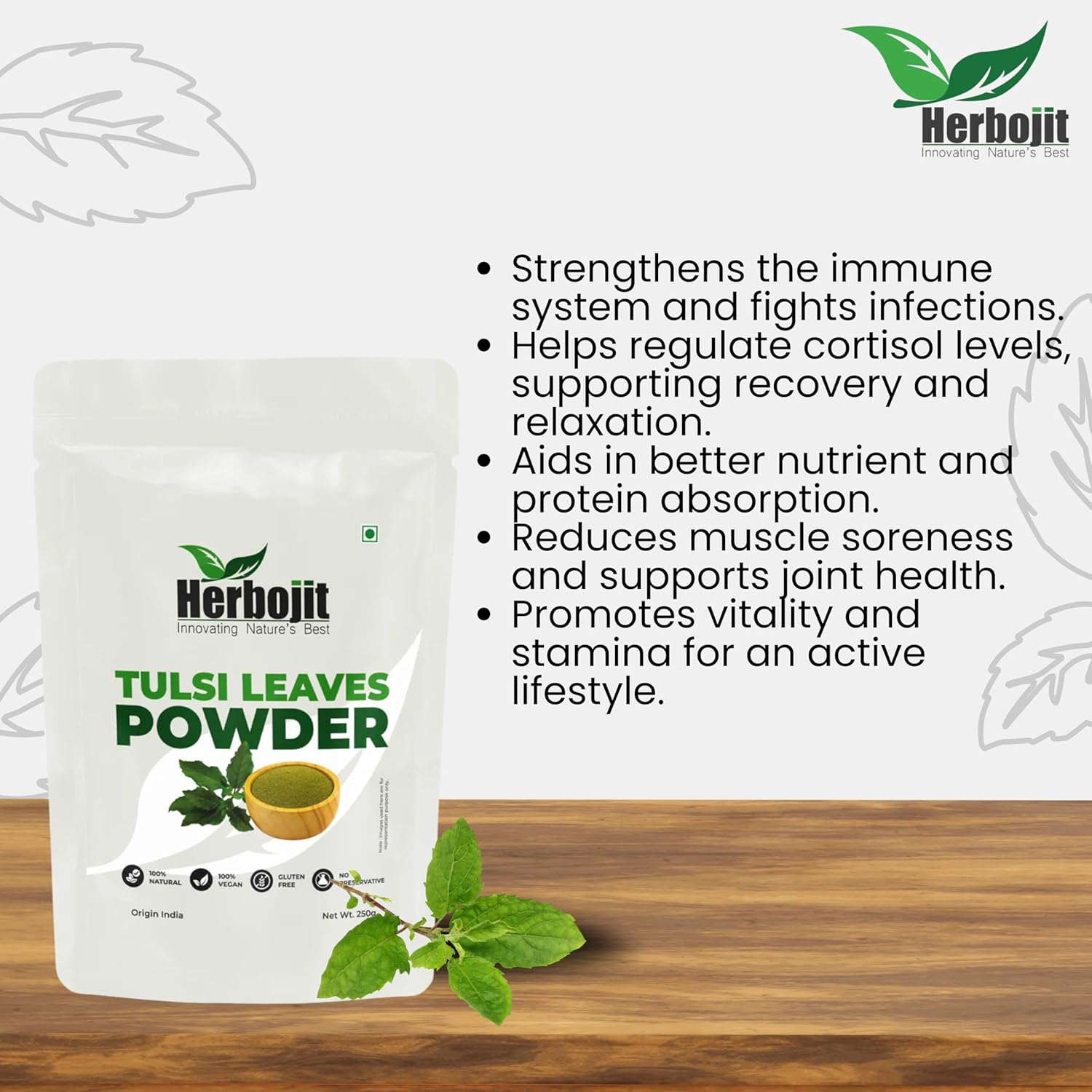 Herbojit Tulsi Leaves Powder 250 Gms | 100% Natural & Vegan | Gluten-free | No Preservatives | Immune Booster