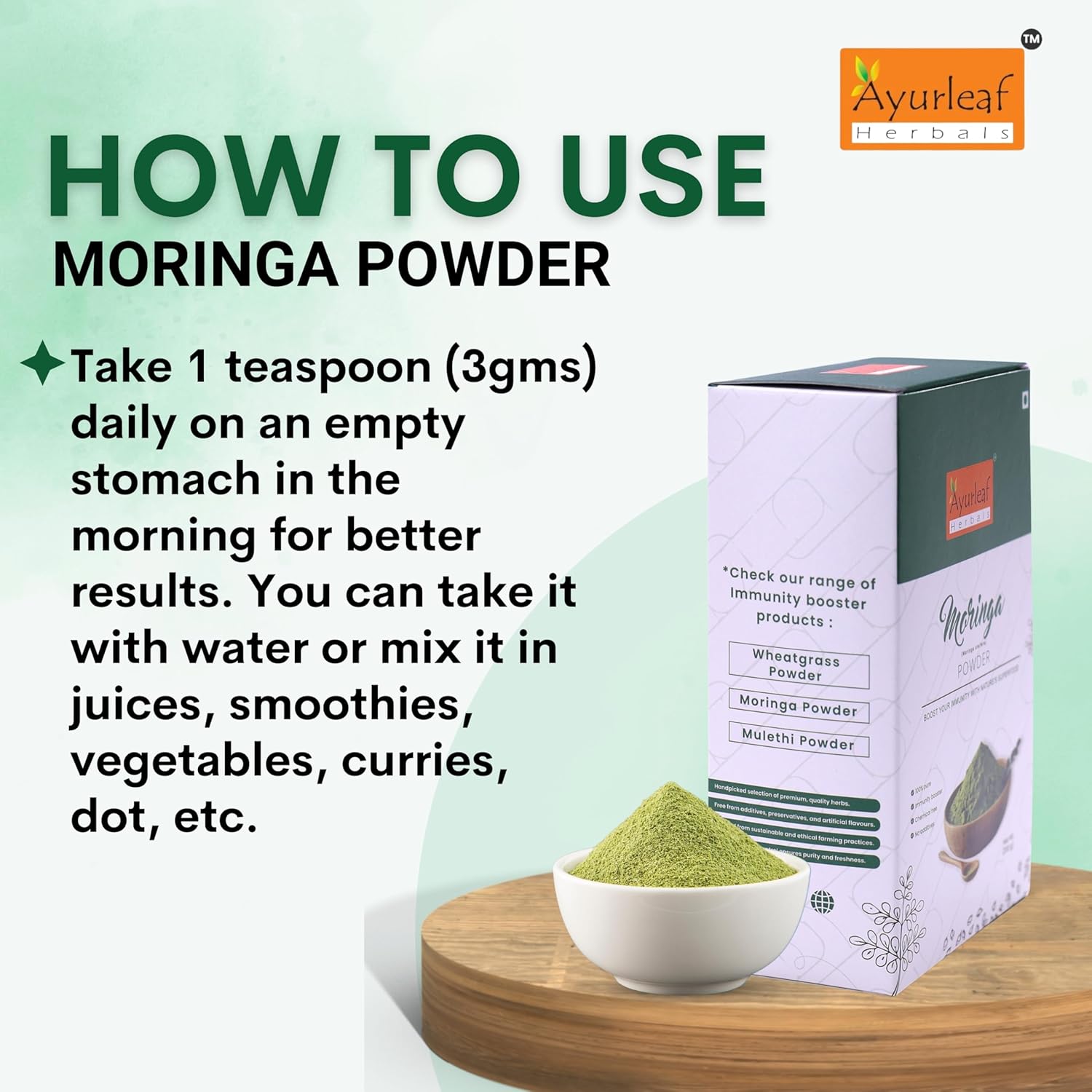 Ayurleaf Herbals Moringa Powder for Digestion, Energy, Immunity, Weight Loss - 200 Gms