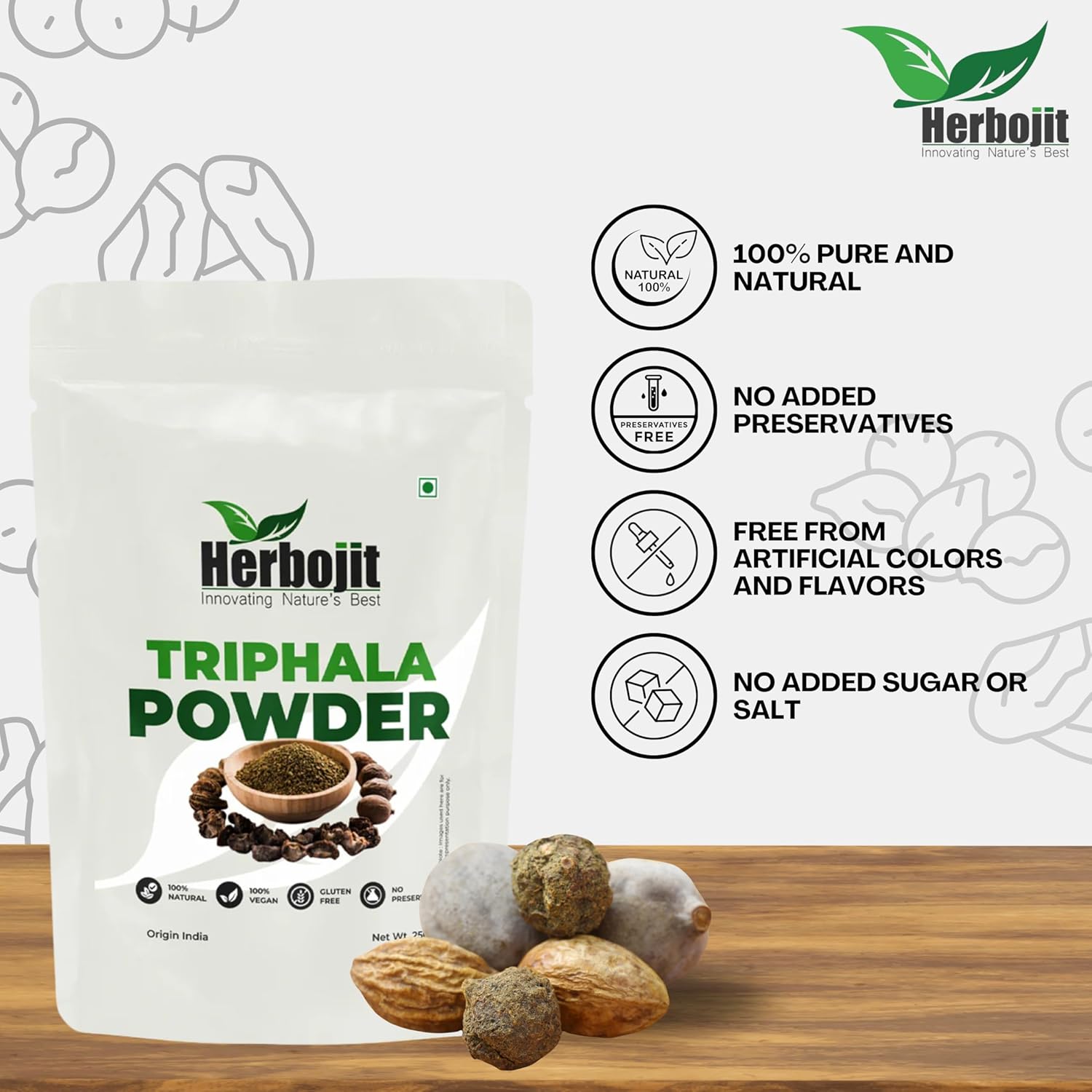 Herbojit Triphala Powder 250 Gms | 100% Natural, Vegan & Gluten - Free | Premium Ayurvedic Digestive Health Supplement