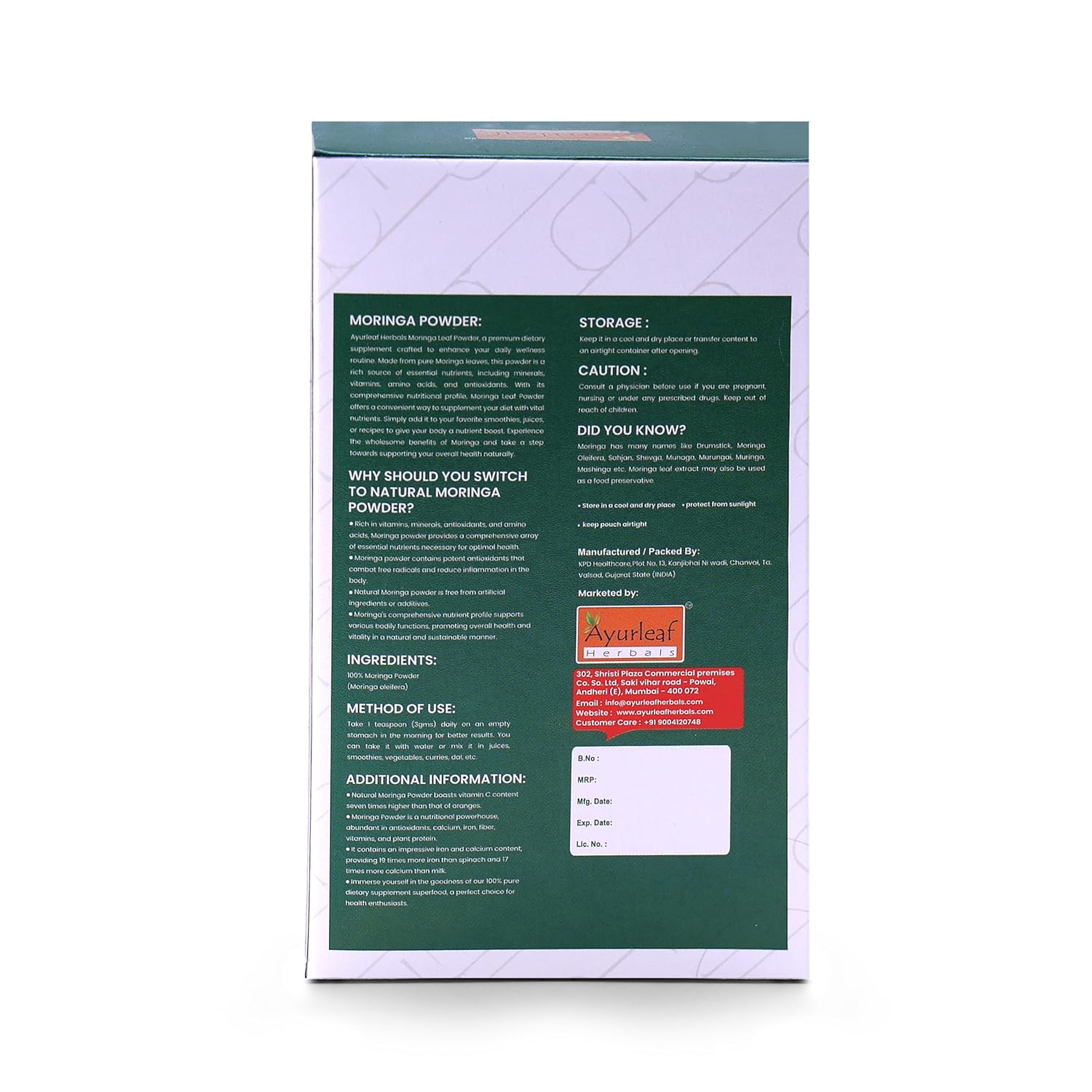 Ayurleaf Herbals Moringa Powder for Digestion, Energy, Immunity, Weight Loss - 200 Gms