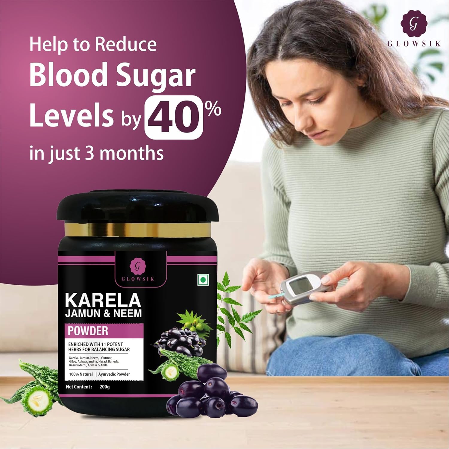 Glowsik Karela Jamun Neem Powder With 11 Potent Herbs | Natural Sugar Management & Cholesterol Support - 200 Gms