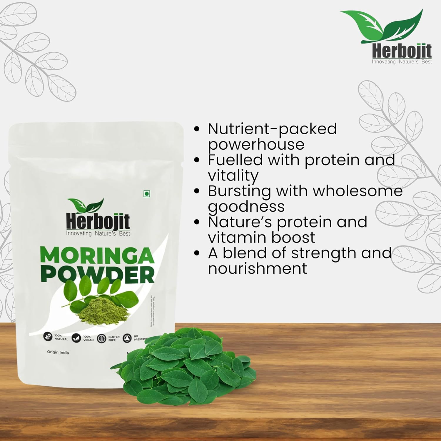 Herbojit Moringa Powder 250 Gms | 100% Natural & Vegan, Gluten-free | Superfood for Energy & Immunity