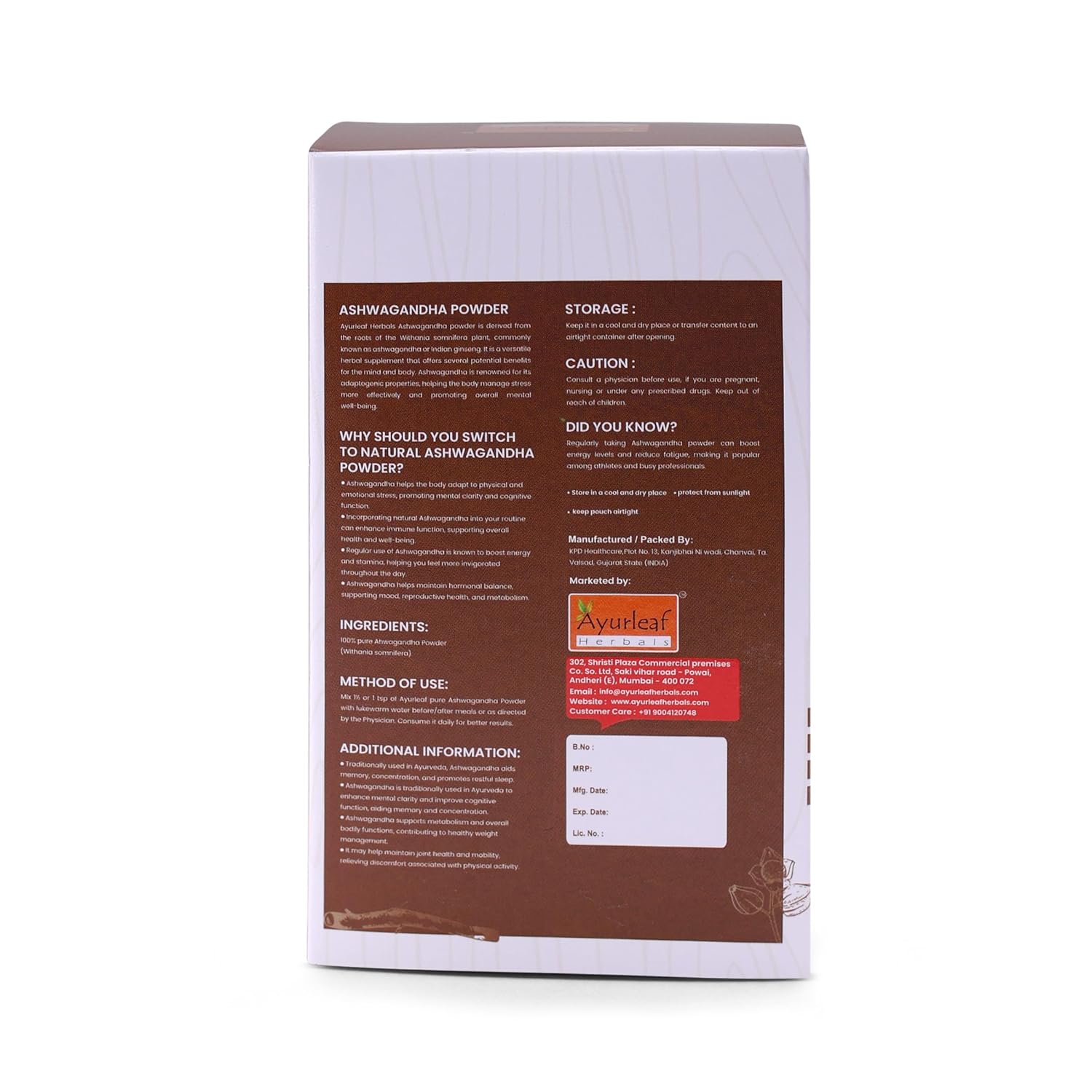 Ayurleaf Herbals Ashwagandha Powder - 200 Gms