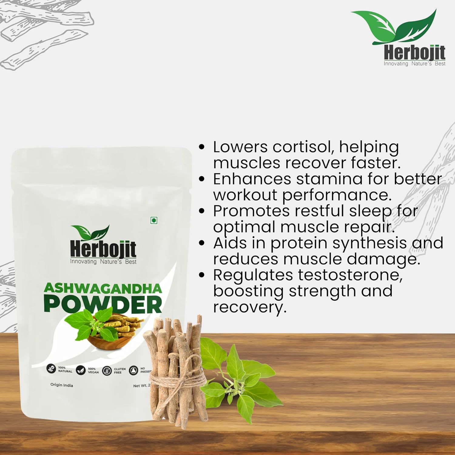 Herbojit Ashwagandha Powder 250 Gms | 100% Natural & Vegan, Gluten-free for Stress Relief | Immunity & Vitality