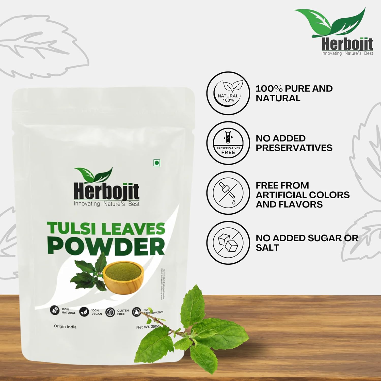 Herbojit Tulsi Leaves Powder 250 Gms | 100% Natural & Vegan | Gluten-free | No Preservatives | Immune Booster