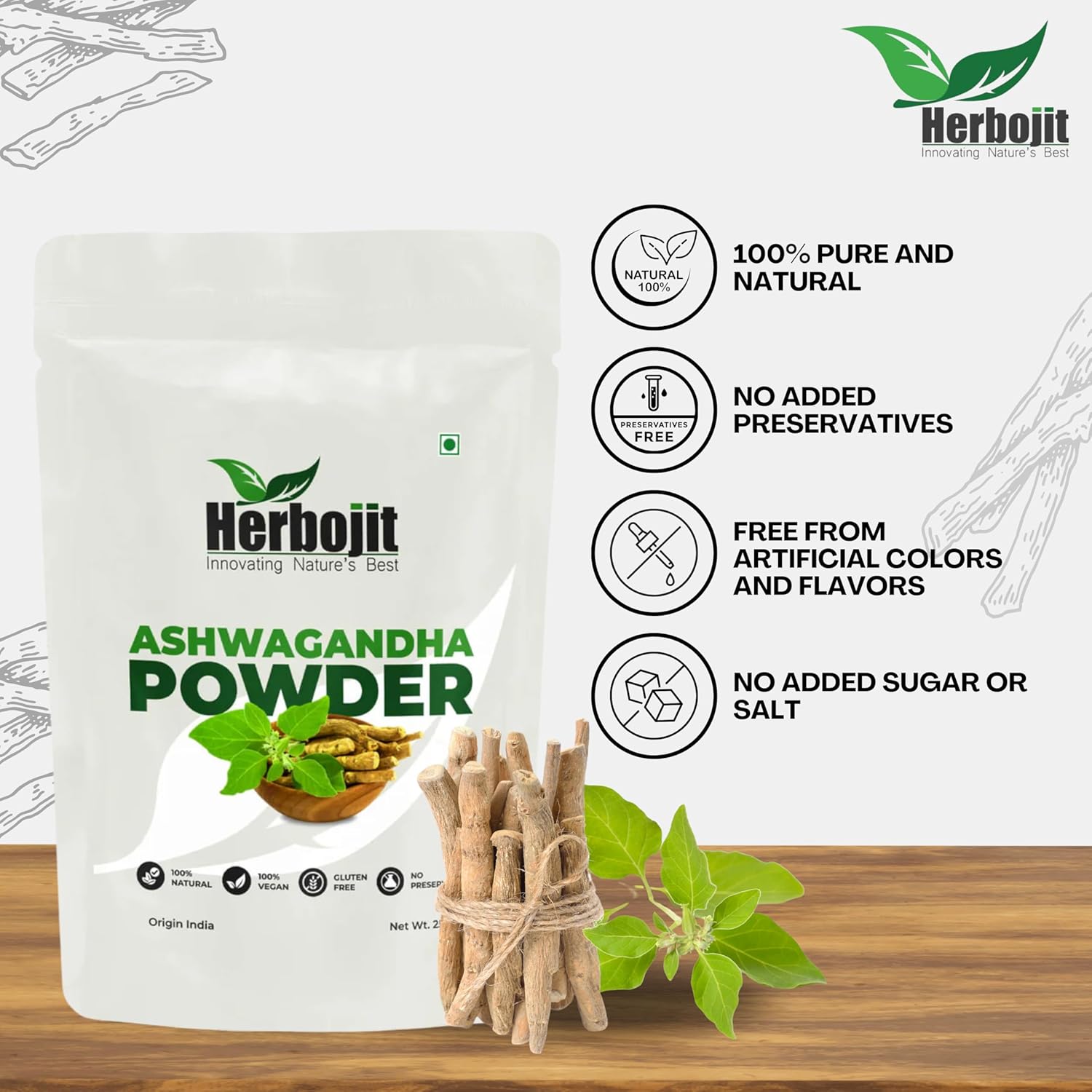 Herbojit Ashwagandha Powder 250 Gms | 100% Natural & Vegan, Gluten-free for Stress Relief | Immunity & Vitality