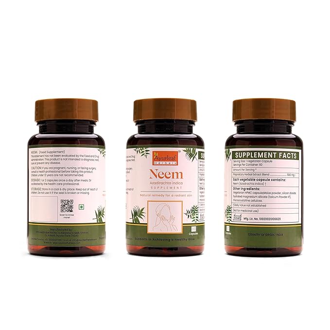 Ayurleaf Herbals Neem Capsules | Herb for Healthy Skin and Hair | 60 Caps | Pack of 2