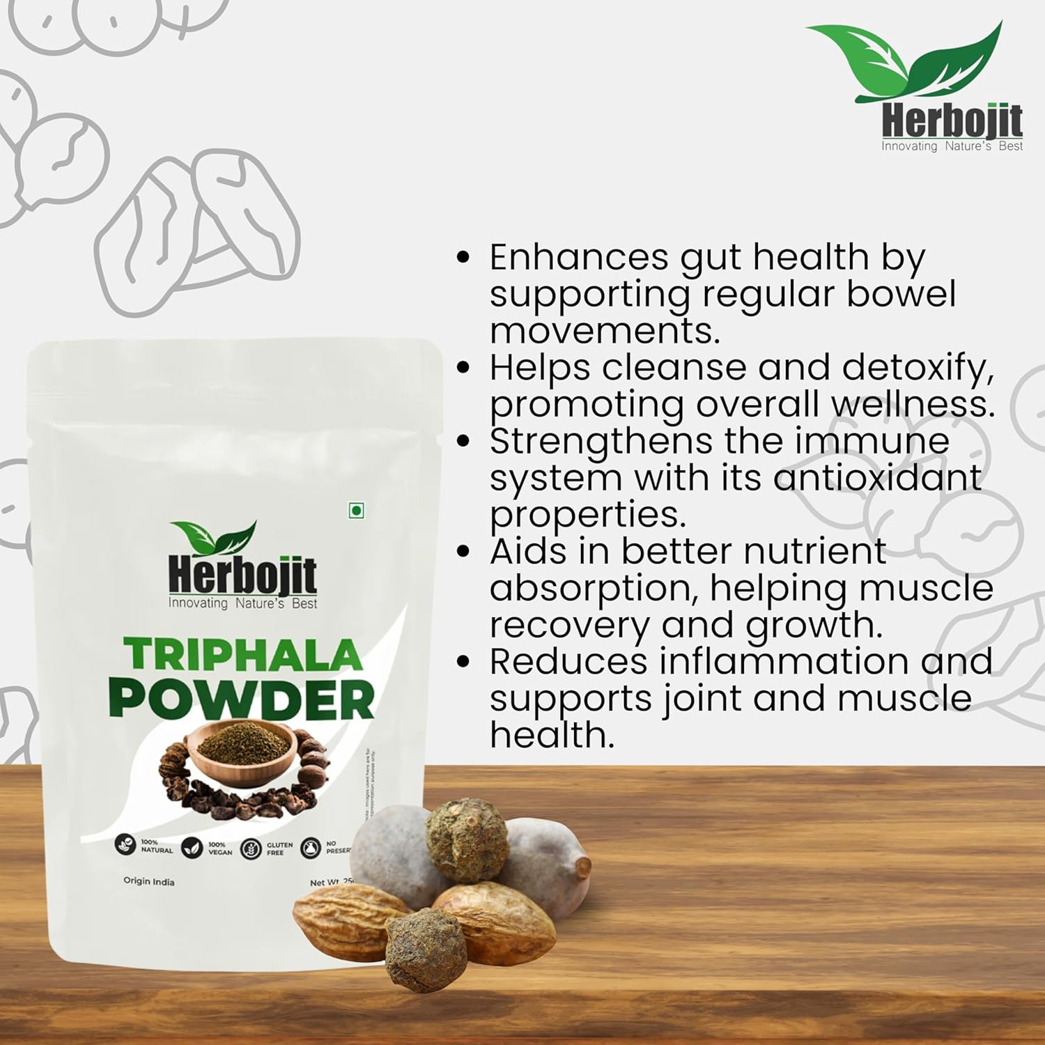 Herbojit Triphala Powder 250 Gms | 100% Natural, Vegan & Gluten - Free | Premium Ayurvedic Digestive Health Supplement