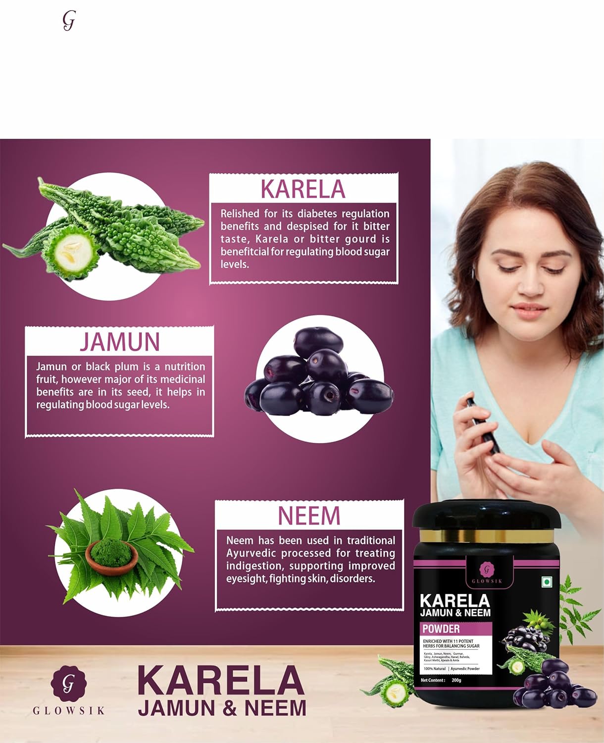 Glowsik Karela Jamun Neem Powder With 11 Potent Herbs | Natural Sugar Management & Cholesterol Support - 200 Gms