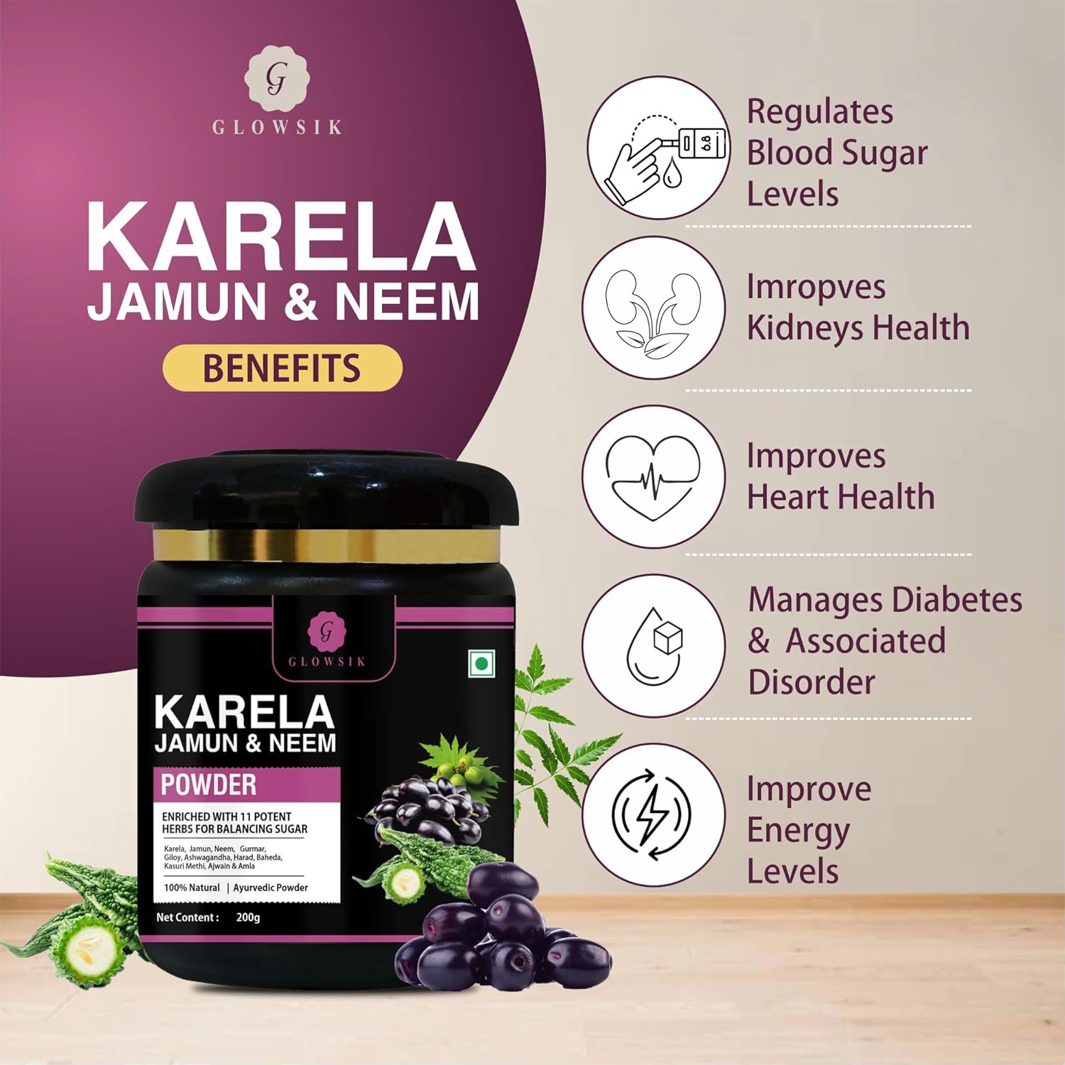 Glowsik Karela Jamun Neem Powder With 11 Potent Herbs | Natural Sugar Management & Cholesterol Support - 200 Gms